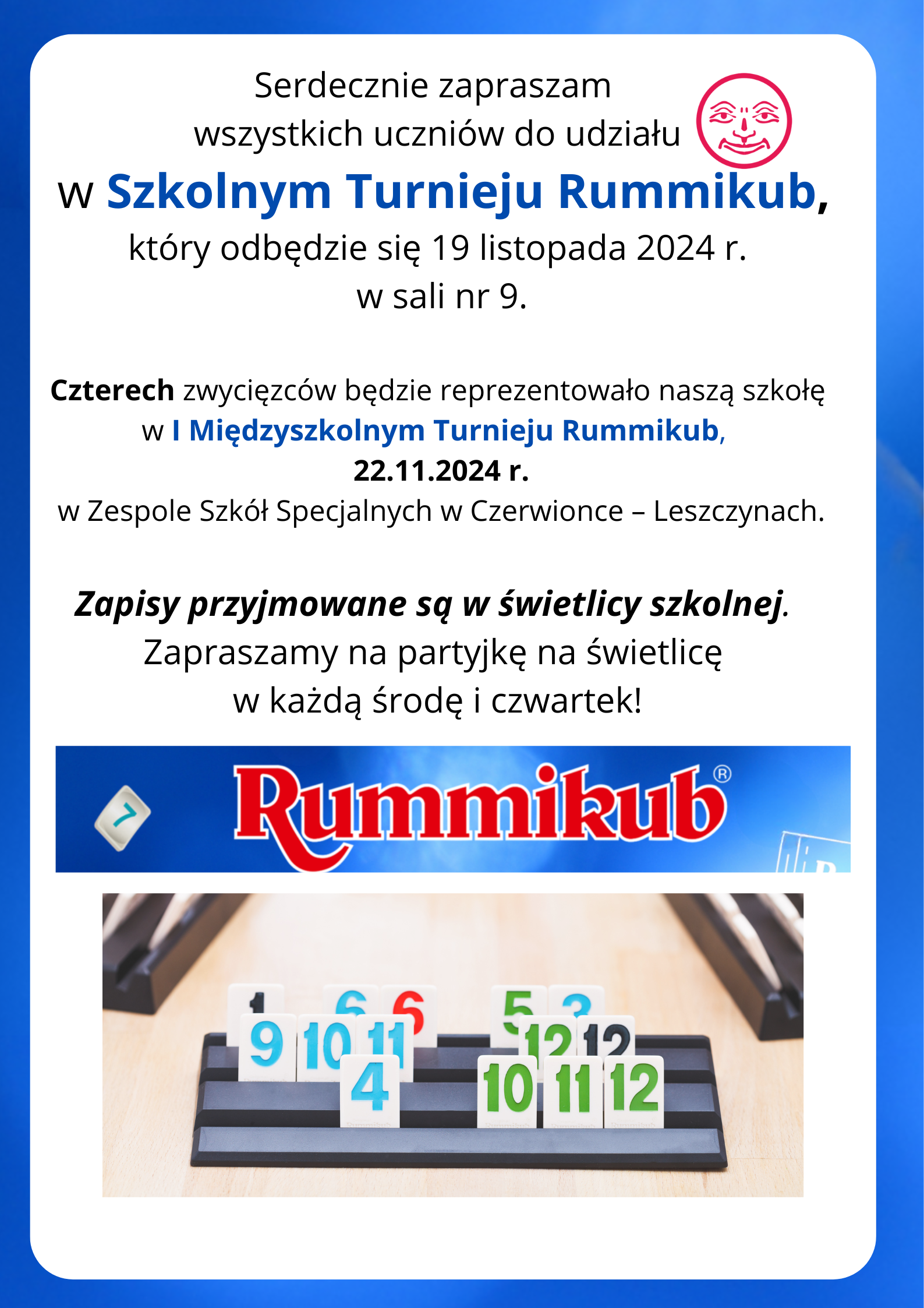 Plakat zapraszający do turnieju gry w Rummikub